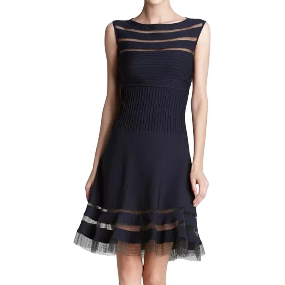 Tadashi Shoji Flip Hem Black Sheer Mesh Knit Mini Sleeveless Chic Cocktail Dress